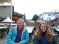 CJ and Pips having apres ski drink at Le Tours overlooking the valley